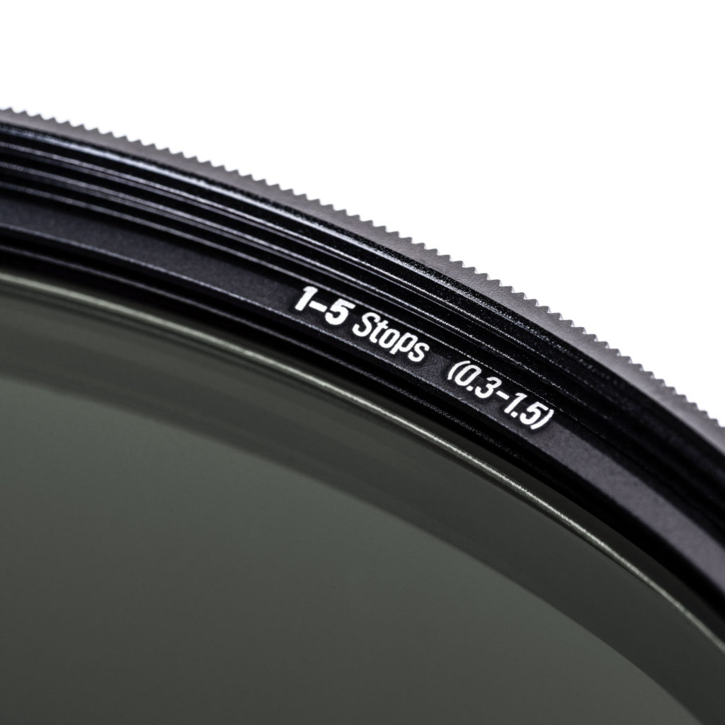 Close-up of the 1-5 Stops 0.3-1.5 engraving on the frame of a NiSi True Color ND-VARIO filter