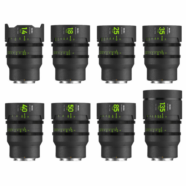 NiSi ATHENA PRIME Full Frame Cinema Lens MASTER Kit with 8 Lenses 14mm T2.4, 18mm T2.2, 25mm T1.9, 35mm T1.9, 40mm T1.9, 50mm T1.9, 85mm T1.9, 135mm T2.2 + Hard Case (E Mount | No Drop In Filter) E Mount | NiSi Optics USA |