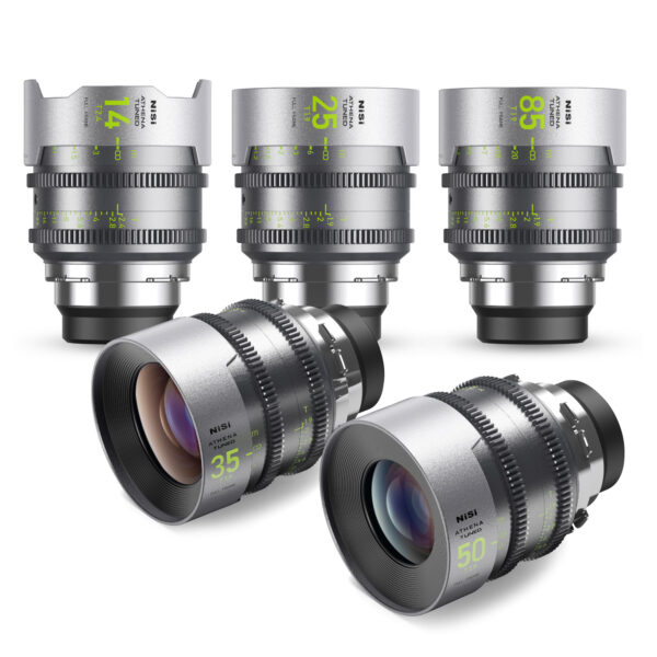 NiSi ATHENA TUNED PRIME Limited Edition Full Frame Cinema Lens Kit with 5 Lenses 14mm T2.4, 25mm T1.9, 35mm T1.9, 50mm T1.9, 85mm T1.9 + Grey Hard Case (PL Mount)  Athena Tuned | NiSi Optics USA |