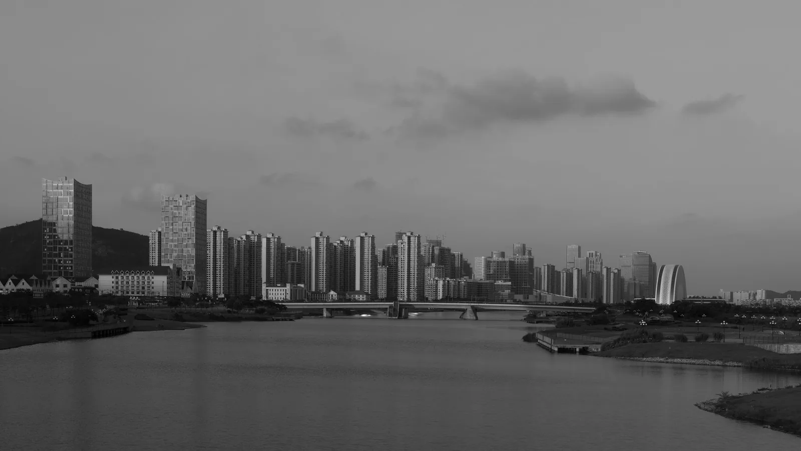 City skyline in black and white with no color filter