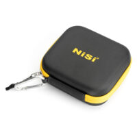 NiSi Caddy III Circular Filter Pouch closed, raised angle showing the yellow YKK zipper and metal carabiner