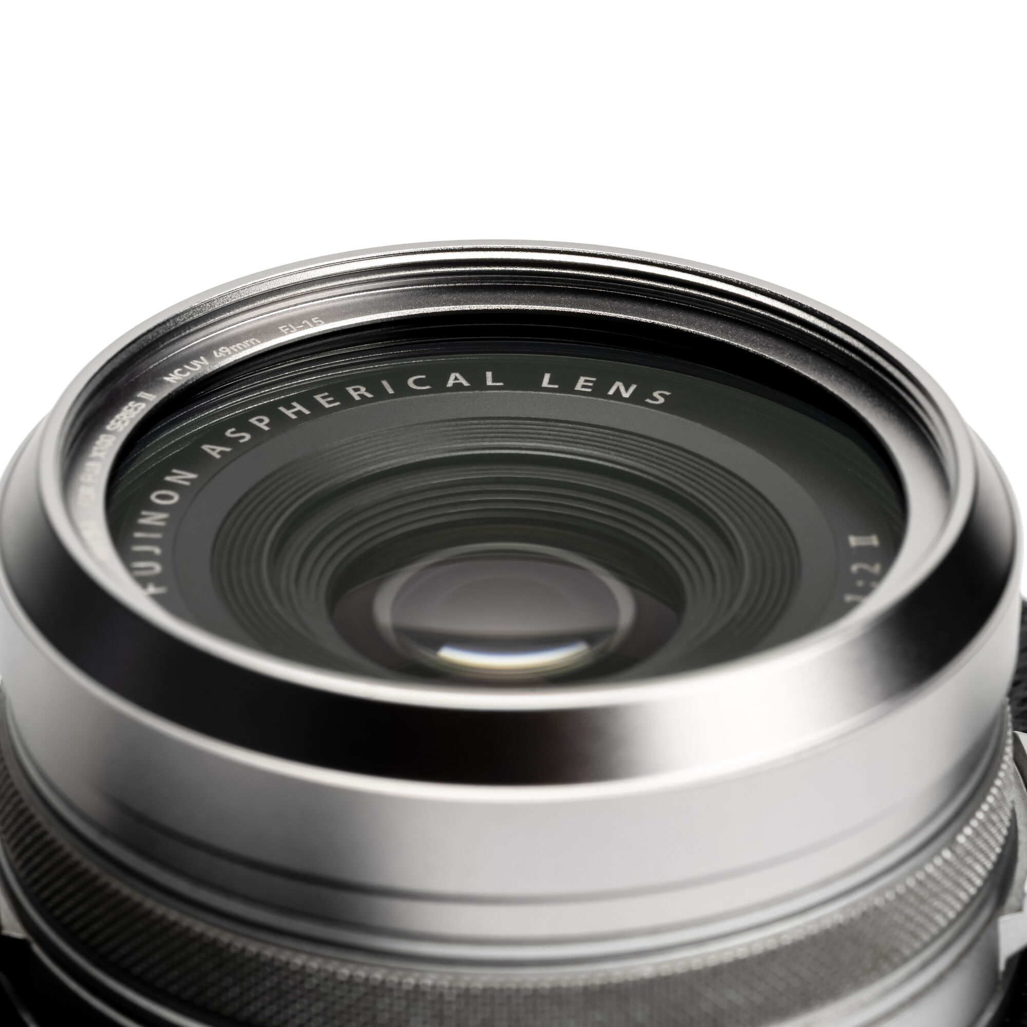Close-up of the Fujifilm X100 lens barrel with the silver NiSi NC UV Filter II fitted flush on the front
