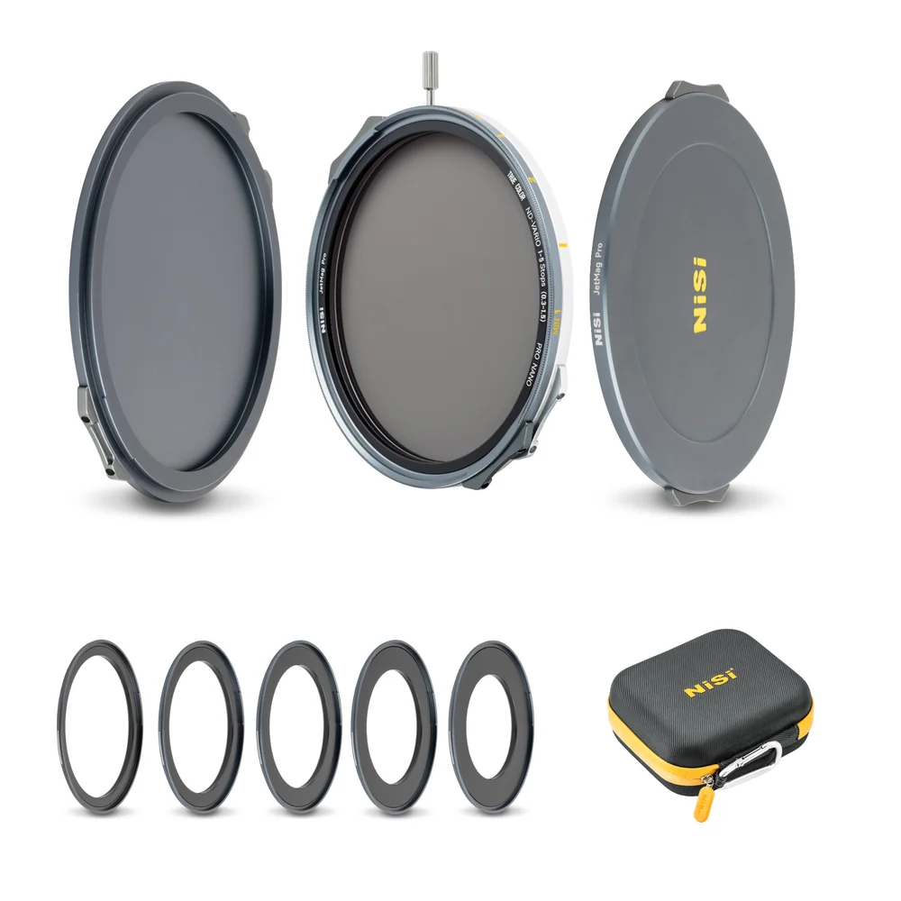 NiSi JetMag Pro VND Flex Kit 67MAG with a 1 to 5 stop True Color VND, five adaptor rings, caps and Caddy Pouch