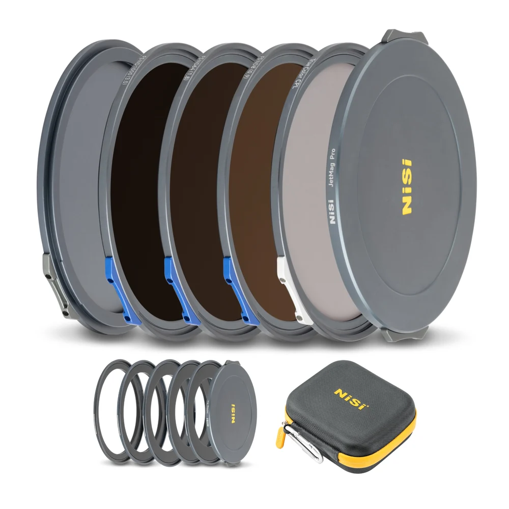 NiSi JetMag Pro Landscape ND Kit 67MAG with three ND filters, a CPL, five adaptor rings, caps and Caddy Pouch