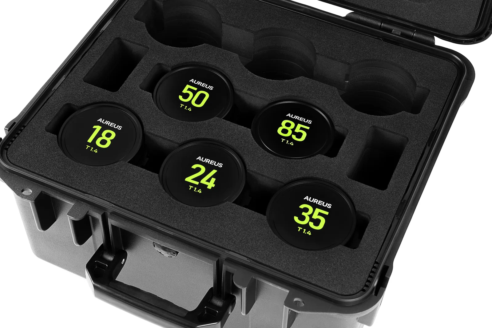 A hard case holding five AUREUS PRIME lenses
