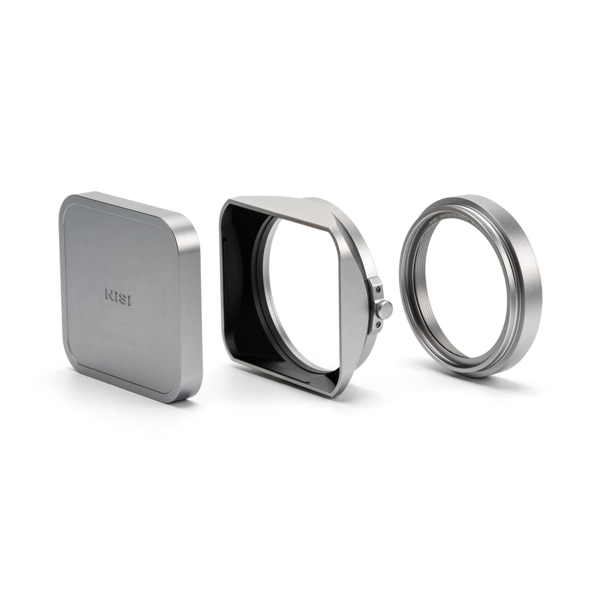 The three silver parts of the NiSi Lens Hood Kit III on white: the magnetic metal lens cap, the square metal lens hood and the NC UV filter